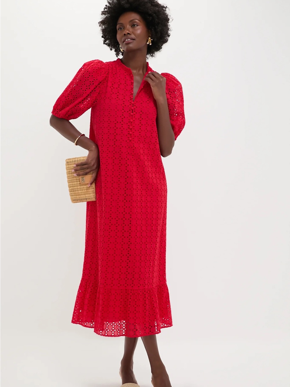 Tuckernuck Red Eyelet Lace Tryall Midi Dress with Puff Sleeves - Picture 3 of 6